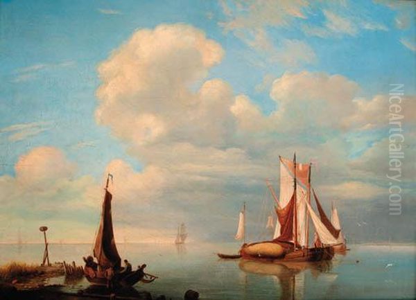 Hay Barges Anchored In A Calm On The Scheldt Oil Painting by Hermanus Koekkoek