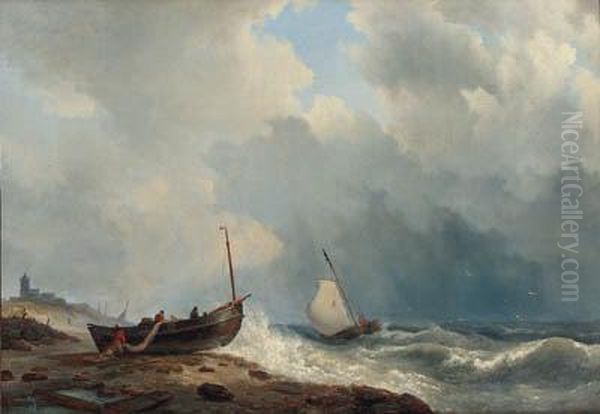 Fishing Boats Off The Coast Oil Painting by Hermanus Koekkoek