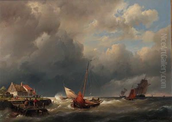 Shipping In Stiff Breeze Oil Painting by Hermanus Koekkoek