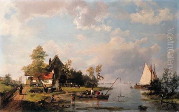 A River Landscape With A Ferry And Figures Mending A Boat Oil Painting by Hermanus Koekkoek