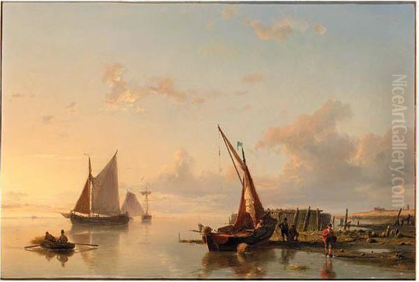 Sailingvessels At The Entrance Of The Harbour; Towards The Opensea Oil Painting by Hermanus Koekkoek