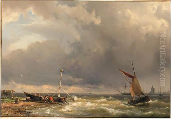 Shipping In A Stiff Breeze Near Enkhuizen Oil Painting by Hermanus Koekkoek