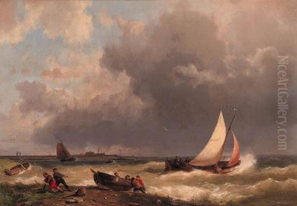 Fishermen Hauling In A Rowingboat On The Shore Of A Stormyestuary Oil Painting by Hermanus Koekkoek