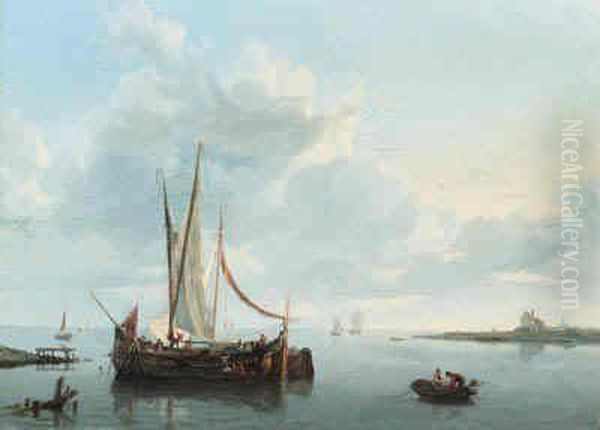 A Calm: A River Landscape With Crewmen Unloading A Ship In Theforeground Oil Painting by Hermanus Koekkoek