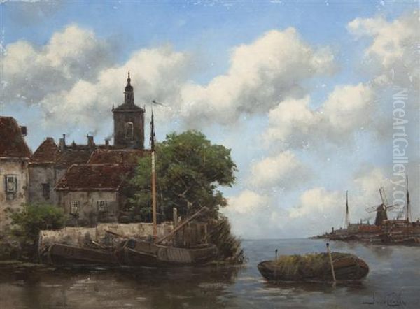 On The Amstel Oil Painting by Hermanus Jr. Koekkoek