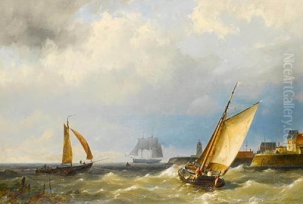 A Fishing Vessel Putting Out To Sea From A Harbour, In Choppy Waters Oil Painting by Hermanus Jr. Koekkoek