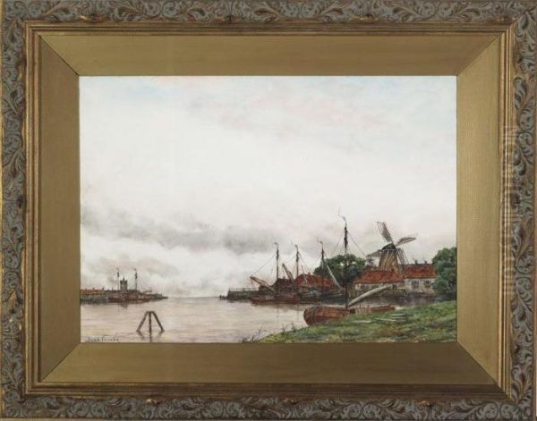 A Dutch Waterway Oil Painting by Hermanus Jr. Koekkoek