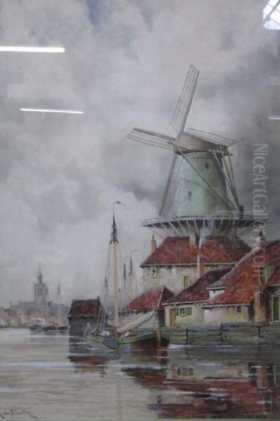 Dutch Harbour Scene With Windmill Oil Painting by Hermanus Jr. Koekkoek