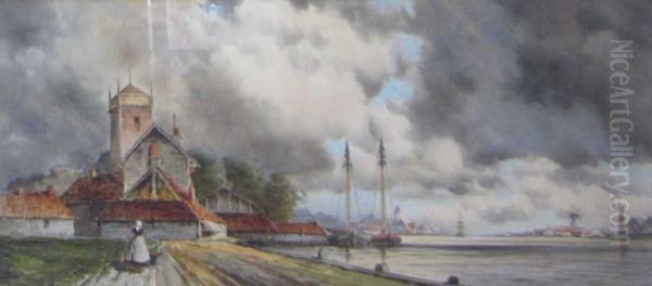 On The Mass, 
Near Duivendrecht Oil Painting by Hermanus Jr. Koekkoek