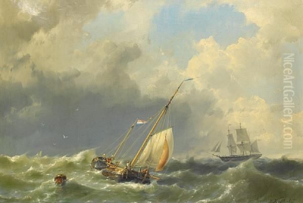 A Dutch Hoy Running Out To Meet A Three-mastedmerchantman Heaving-to In Heavy Seas Oil Painting by Hermanus Jr. Koekkoek