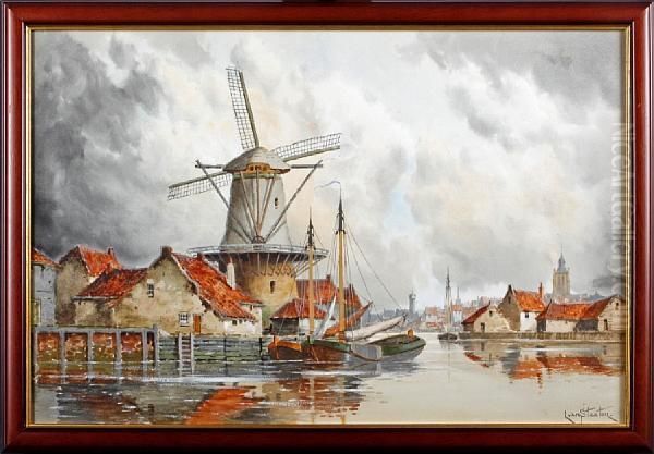 Two Dutch Harbour Scenes Oil Painting by Hermanus Jr. Koekkoek