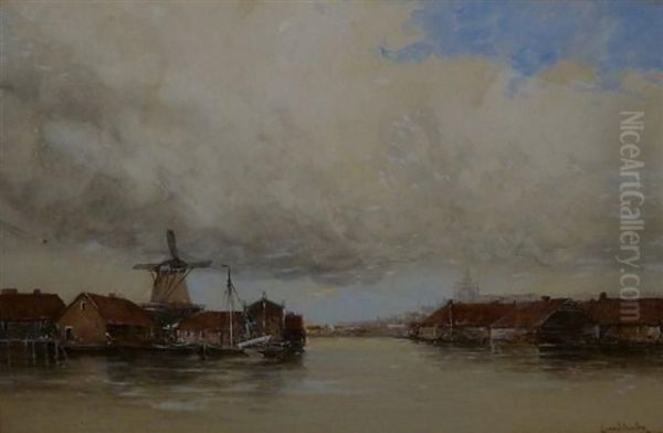 A Dutch Canal Scene Oil Painting by Hermanus Jr. Koekkoek