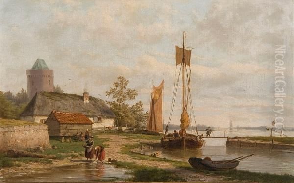 Dutch Quayside Scene With Washerwomen Andestuary Beyond Oil Painting by Hermanus Jr. Koekkoek