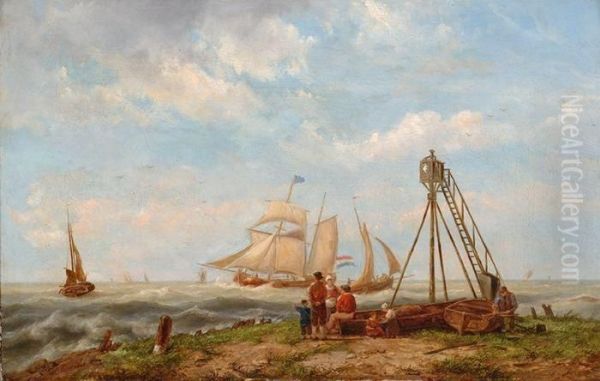 Ships On Choppy Waters Oil Painting by Hermanus Jr. Koekkoek