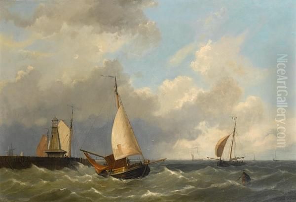 Small Craft Caught In A Stiff Breeze Off Theharbour Mouth Oil Painting by Hermanus Jr. Koekkoek