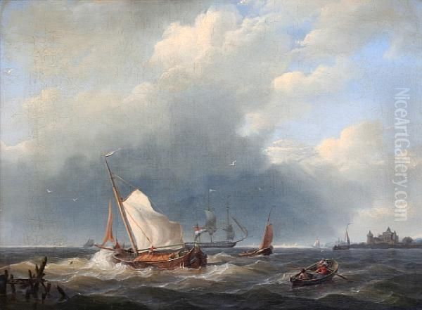 Sailing Vessels At Sea Oil Painting by Hermanus Jr. Koekkoek