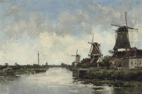 Windmills By A River Oil Painting by Hermanus Jr. Koekkoek