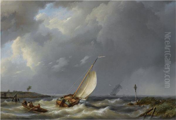 A Fishing Vessel Heading Into Open Waters, A Two-mast In The Distance Oil Painting by Hermanus Jr. Koekkoek