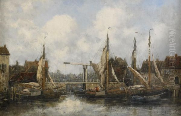 The Old Drawbridge Lwolle - Holland Oil Painting by Hermanus Jr. Koekkoek