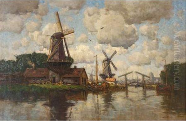 Windmills Along A Canal Oil Painting by Hermanus Jr. Koekkoek