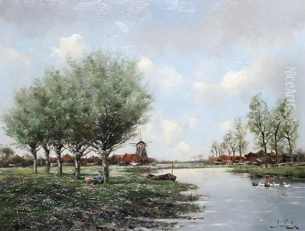 A Dutch River Landscape Oil Painting by Hermanus Jr. Koekkoek