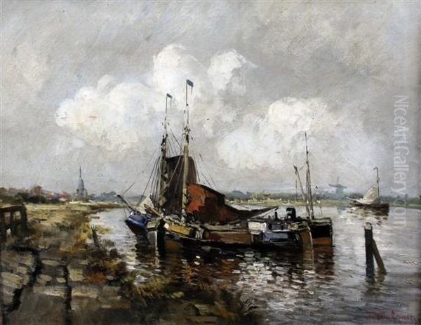 Moored Barges On An Estuary Oil Painting by Hermanus Jr. Koekkoek