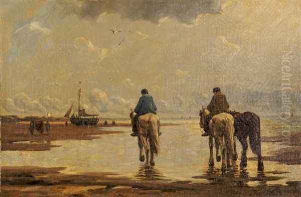 Fishing Boats And Horses On The Leacu by Hermanus Jr. Koekkoek