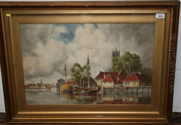 Fishing Boats In Harbour With Church Tower Beyond Oil Painting by Hermanus Jr. Koekkoek