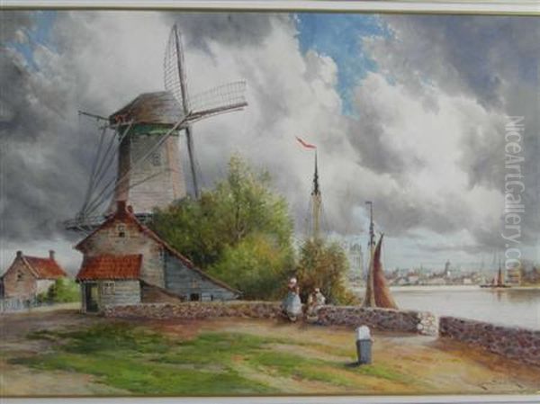 Windmill Beside A River Oil Painting by Hermanus Jr. Koekkoek