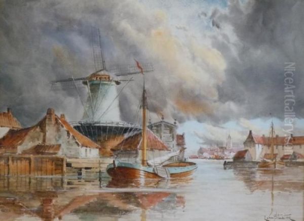 A Dutch Canal Scene With Windmill, Houses And Boats. Oil Painting by Hermanus Jr. Koekkoek