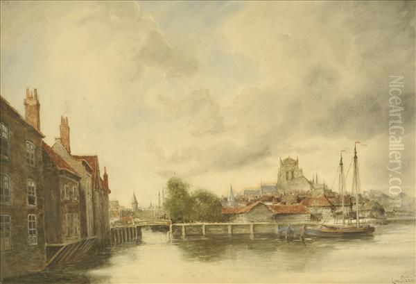 Louis Van Staaten Near Rotterdam,harbour Scene With Sailing Barges Oil Painting by Hermanus Jr. Koekkoek