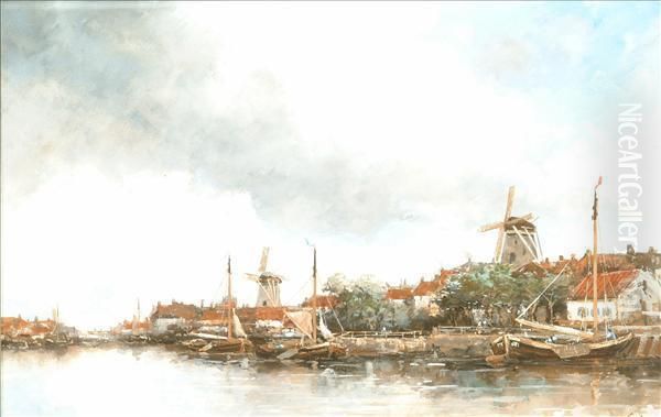 Jan Van Couver Dutch Canal Scene Oil Painting by Hermanus Jr. Koekkoek