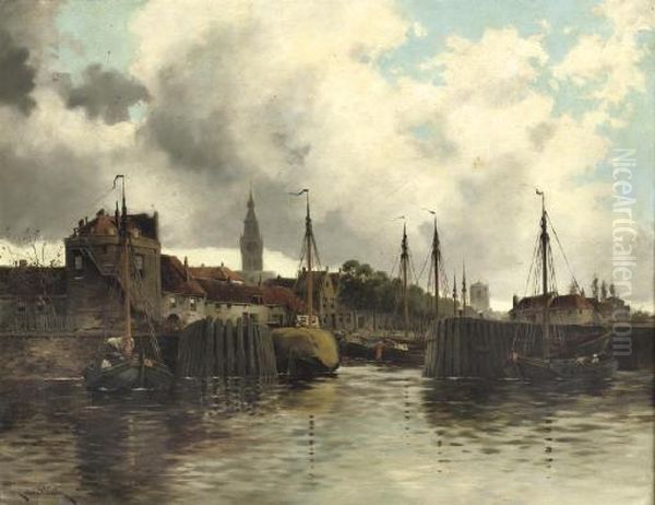 A View Of Veere Harbour Oil Painting by Hermanus Jr. Koekkoek