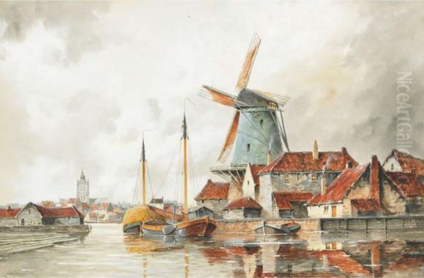 A Dutch Harbour Oil Painting by Hermanus Jr. Koekkoek