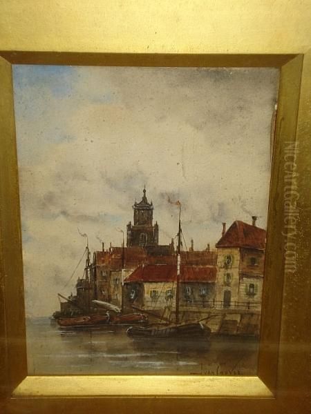 A Pair Of Port Scenes, Signed, Watercolour Oil Painting by Hermanus Jr. Koekkoek