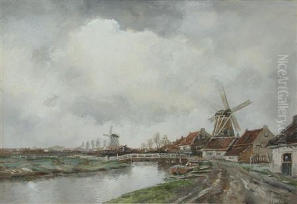 Dutch Canal Scene Oil Painting by Hermanus Jr. Koekkoek