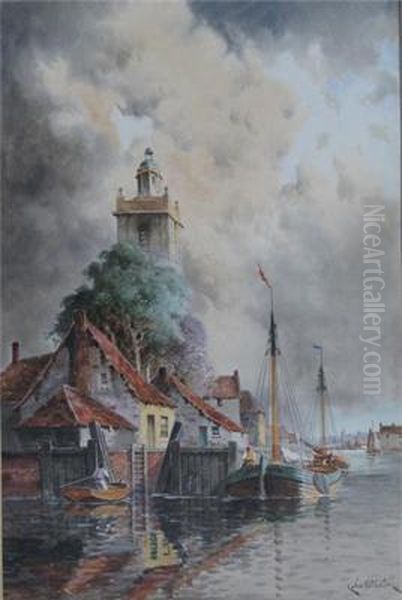 View Of Leyden; View Of Papendrecht Oil Painting by Hermanus Jr. Koekkoek