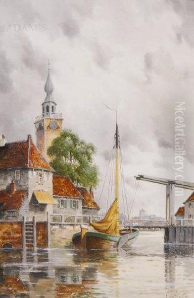 Dutch Canal Oil Painting by Hermanus Jr. Koekkoek