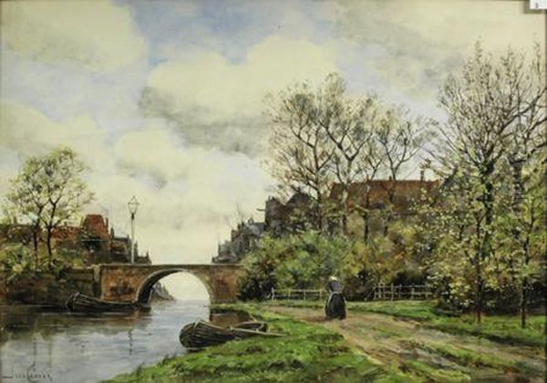 A Dutch Canal With A Figure And Boats Oil Painting by Hermanus Jr. Koekkoek