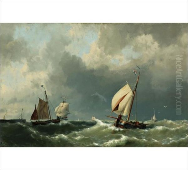 A Painting Of Sailing Ships Off The Coast Oil Painting by Hermanus Jr. Koekkoek