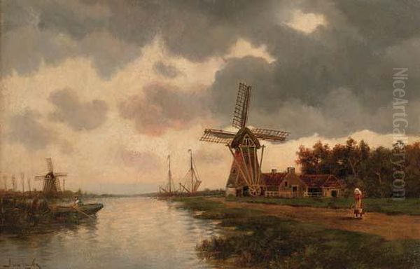 Windmills Along A River Oil Painting by Hermanus Jr. Koekkoek