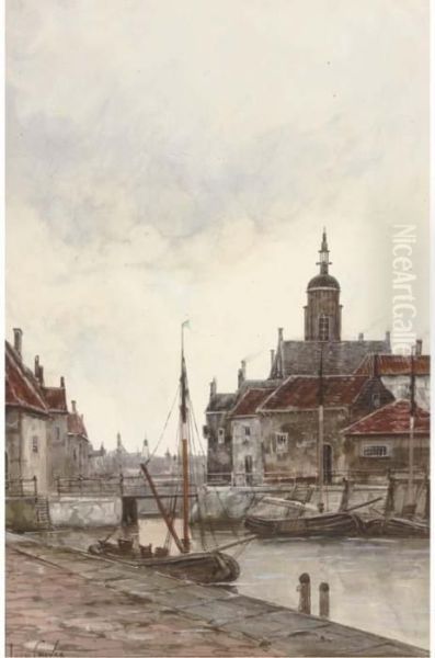 A Harbour Town With Moored Vessels Oil Painting by Hermanus Jr. Koekkoek