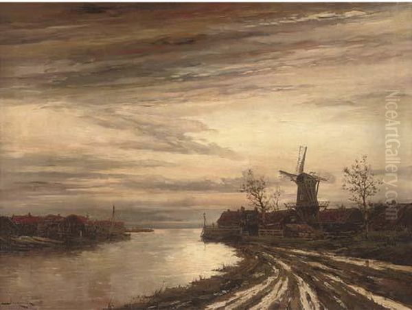 A Dutch Canal Town At Dusk Oil Painting by Hermanus Jr. Koekkoek