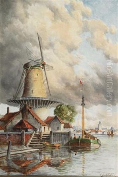 Windmill By A Harbour Oil Painting by Hermanus Jr. Koekkoek