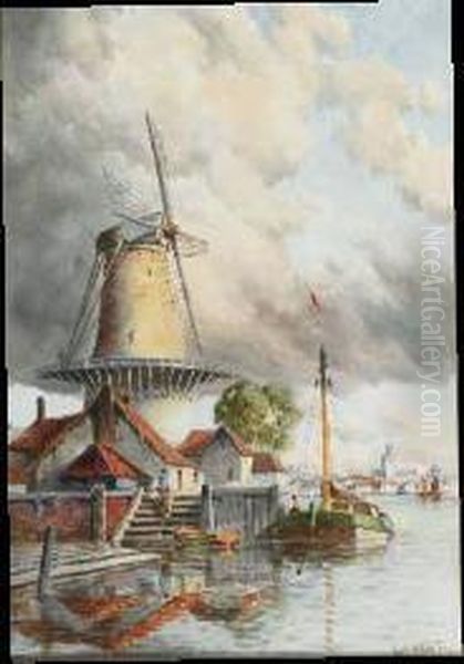 Windmill By A Harbour Oil Painting by Hermanus Jr. Koekkoek