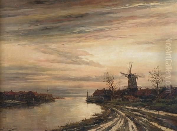 Dutch River Estuary With A Windmill Oil Painting by Hermanus Jr. Koekkoek