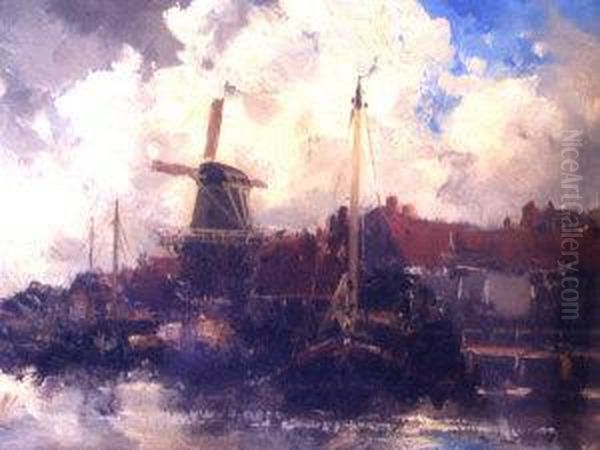 A Delft Town Oil Painting by Hermanus Jr. Koekkoek