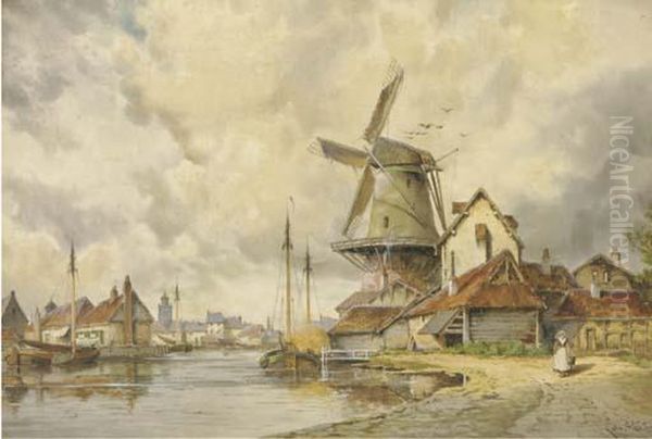 View Of A Dutch Town Oil Painting by Hermanus Jr. Koekkoek