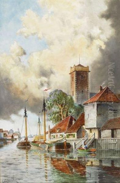 Fishing Boats In A Dutch Harbour With Tower Oil Painting by Hermanus Jr. Koekkoek