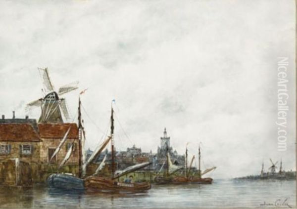 Dutch Harbour Oil Painting by Hermanus Jr. Koekkoek